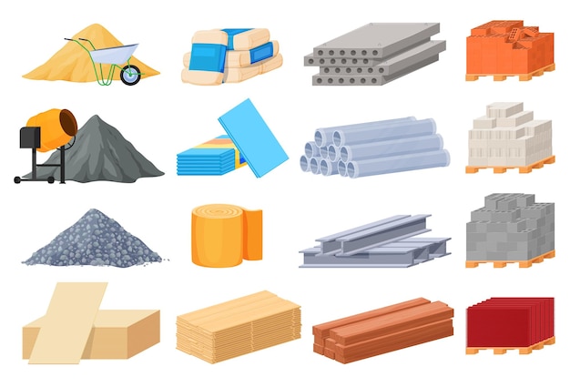 Set of piles of building materials Loose building materials board brick metal elements