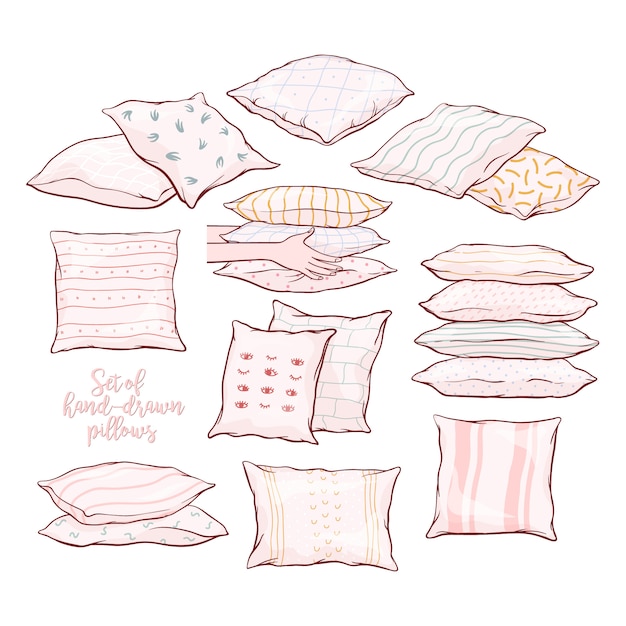 Vector set of pillows - single, pairs, piles, standing, lying, front and side view with patterns