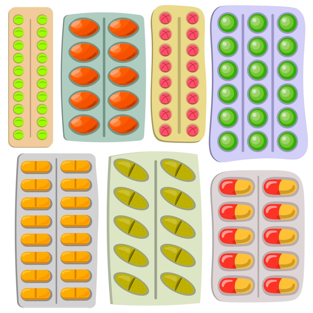 Set of pills blisters. Cartoon illness capsules, tablet, vitamins, antibiotic pill, painkiller drugs