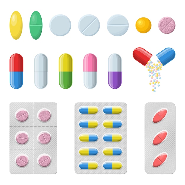 Set of pills and capsules on a white background. Medicines icons. Blister pills: pain relievers, vitamins, antibiotics and aspirin. Pharmacy and drugs symbols. Medical vector illustration.