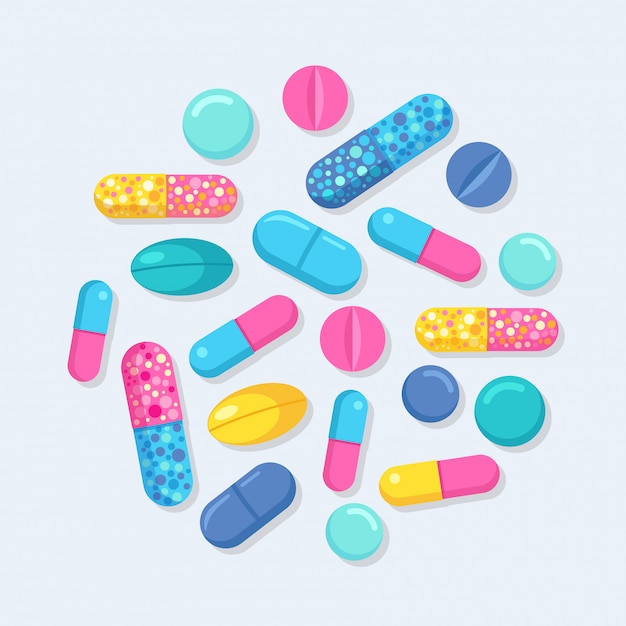 Set of pills, medicine, drugs. Painkiller tablet, vitamine, pharmaceutical antibiotics. Healthcare concept. cartoon design