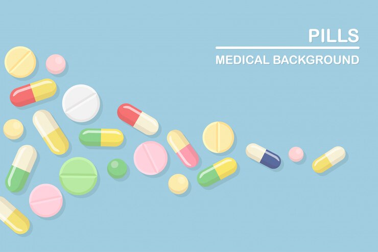 薬、薬、薬のセットです。鎮痛剤タブレット、ビタミン、製薬用抗生物質。医療の背景。漫画