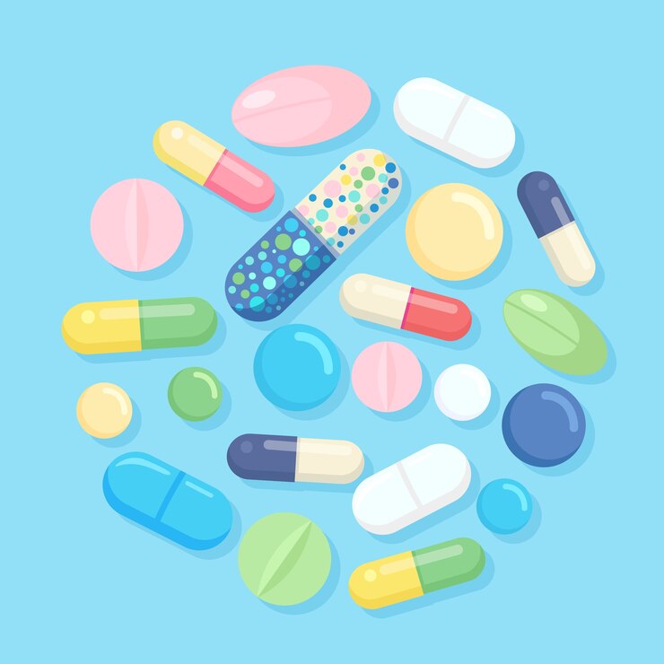 薬、薬、薬のセットです。鎮痛剤タブレット、ビタミン、製薬用抗生物質。医療の背景。
