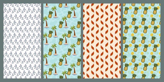 Vector set of pineapple leaf and flower seamless pattern fruit for textiles or for covers wallpapers