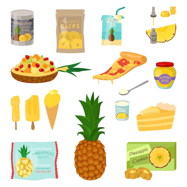 Vector set of pineapple slices and products