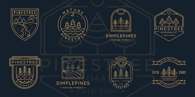 Set of pines tree logo line art simple vector illustration template icon graphic design. bundle collection of pine at nature with various badge and typography