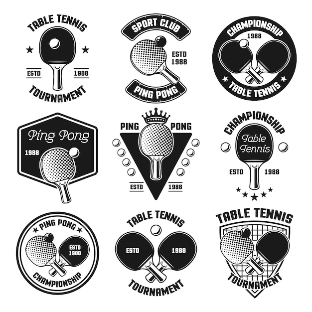 Set of ping pong or table tennis vector black emblems, labels, badges, logos isolated on white background