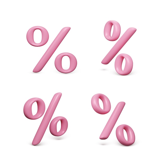 Набор розового трехмерного значка процента Специальное предложение символа скидки Рендеринг символа процента Векторная иллюстрация на белом фоне
