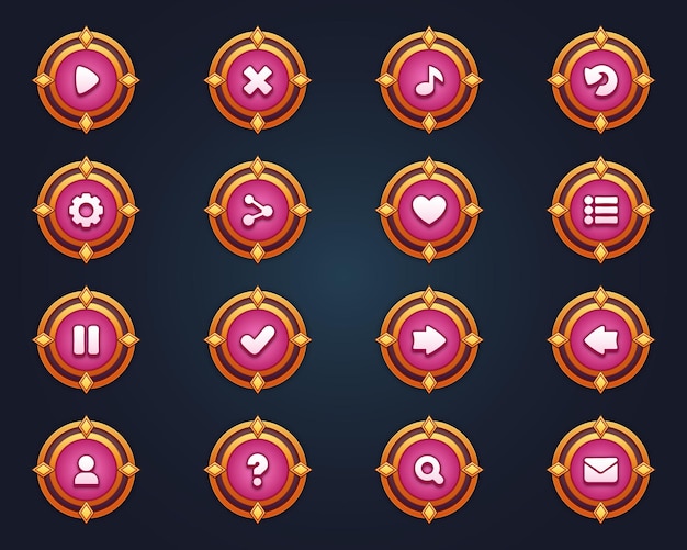 Vector set of pink buttons for mobile games game interface cartoon ui buttons set game ui buttons kit