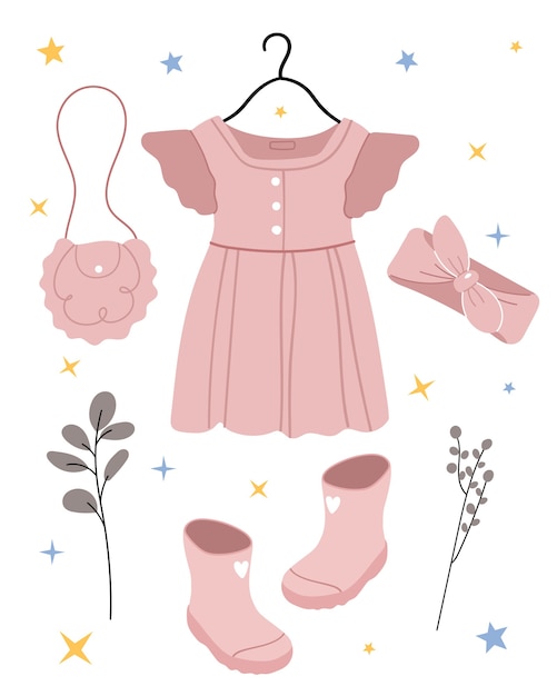 Vector set of pink clothes and accessories for children