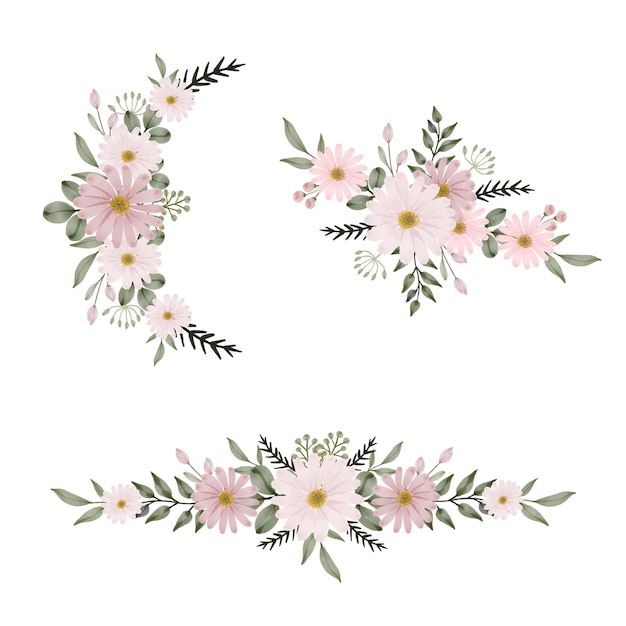 Set of pink daisy watercolor