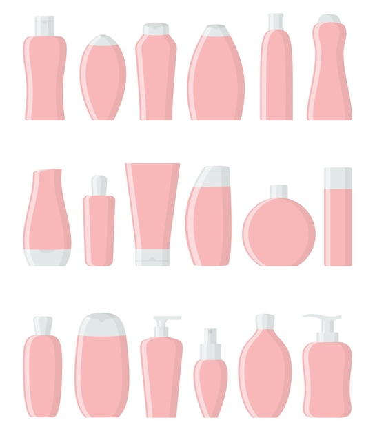 Set of pink flat cosmetic bottles Cream shampoo gel spray tube and soap Skin and body care