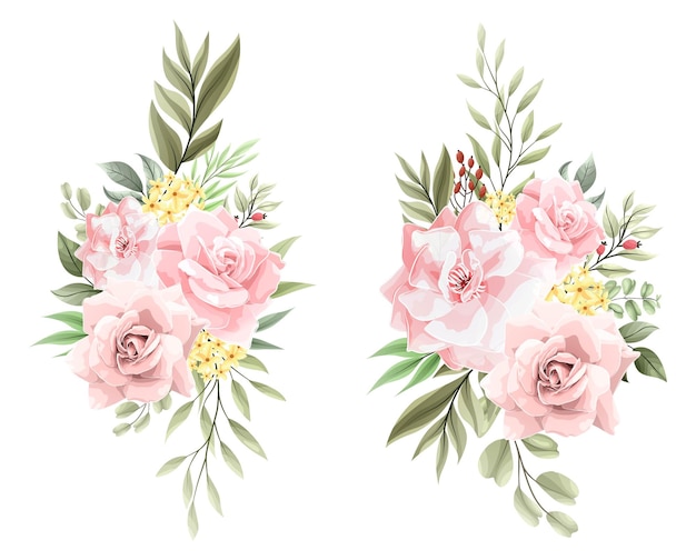 ピンクの花の花束の装飾のセット