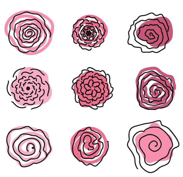 A set of pink flowers buds in a linear style with abstract spots