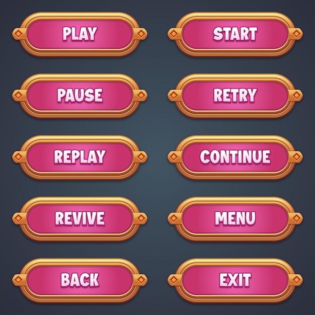 편집 가능한 텍스트 효과를 가진 모바일 게임용 분홍색 게임 버튼 세트 (GUI) - 2D 게임을 만들기 위해
