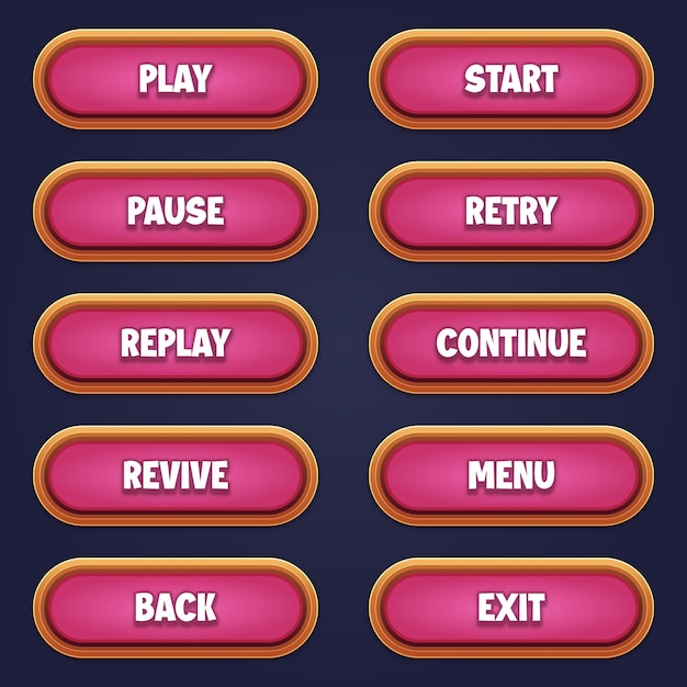 Vettore set di pulsanti di gioco rosa per giochi mobili con effetti di testo modificabili gui per costruire giochi 2d
