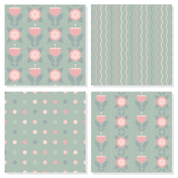 Un set di carta da parati rosa e grigio con puntini polka color fiore rosa e linee ondulate sulla parte anteriore