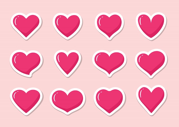 Vector set of pink heart shaped stickers. collection of different romantic heart icons for web site, sticker, label, tattoo art, love logo and valentines day.