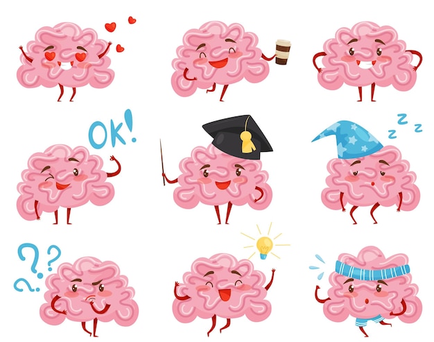 Set of pink humanized brains in different situations Funny cartoon characters Human organ Graphic elements for social network Colorful vector icons in flat style isolated on white background