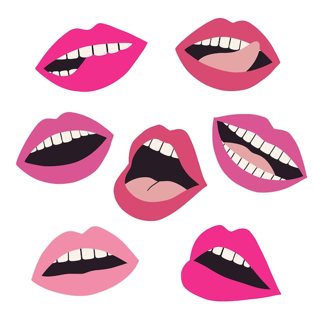 Vector set of pink lips with different emotions mouth with a kiss smile tongue and teeth sexy lip make