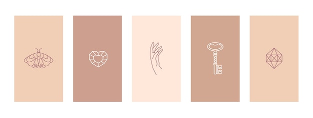 Set pink and nude stories highlights covers outline a butterfly, diamond, hand and key. Abstract Mobile Backgrounds in minimal trendy style templates for social media stories. Vector