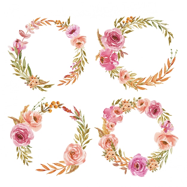 A set of pink and peach watercolor flowers wreath for wedding invitation