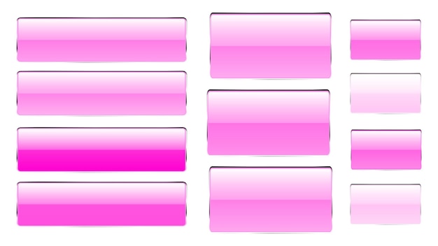 Set of pink rectangular and square glass transparent bright beautiful vector buttons