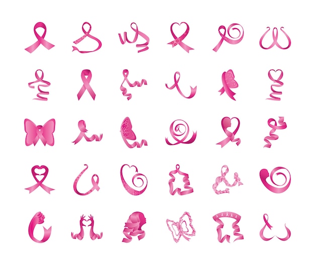 Set of pink ribbons, breast cancer awareness design