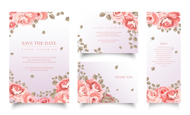 Set of pink rose invitation cards template