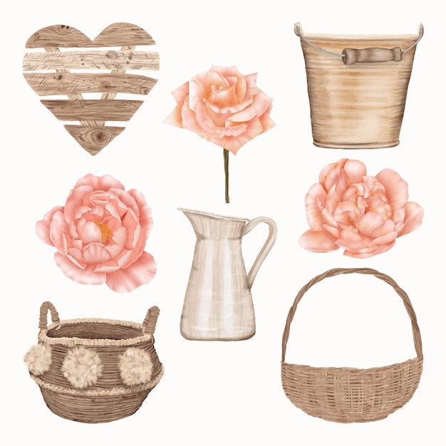 Set of pink roses and wooden objects