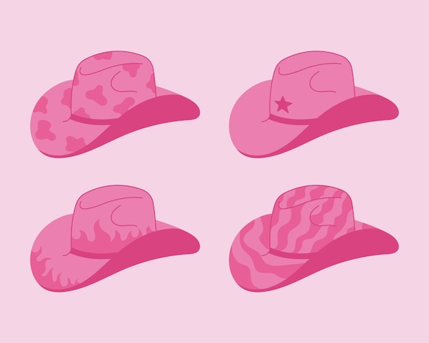 Vettore insieme dell'illustrazione rosa dei cappelli di cowboy di vettore. stile della scanalatura degli elementi del selvaggio west di cowgirl
