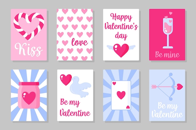 Set di carte colorate rosa, bianche e blu per san valentino