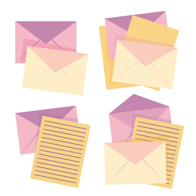 Set of pink and yellow envelopes with sheets of paper