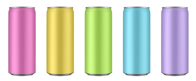 Set of pink yellow green blue and purple tin cans of energy drink juice or soda Cocktail beverages