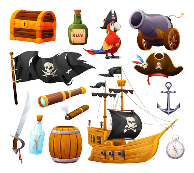 Vettore insieme dell'illustrazione del fumetto degli elementi del pirata isolata su fondo bianco