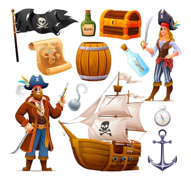 Set of pirate elements characters treasure chest and ship vector cartoon illustration