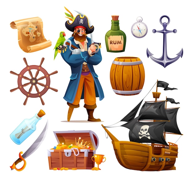 Set of pirate elements vector cartoon illustration pirate character barrel treasure chest and ship