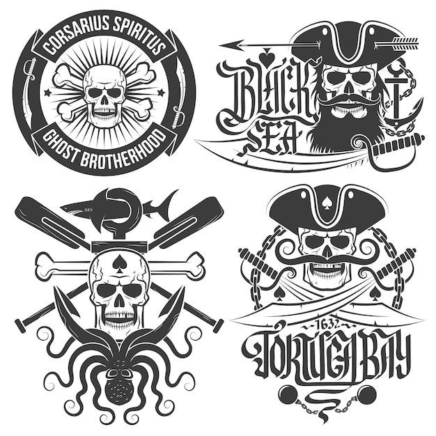 Vettore un set di emblemi pirata con teschi teschi logos in stile vintage