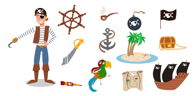 A set of pirate items a pirate character in a suit in a bandana without a hand and with an eye patc