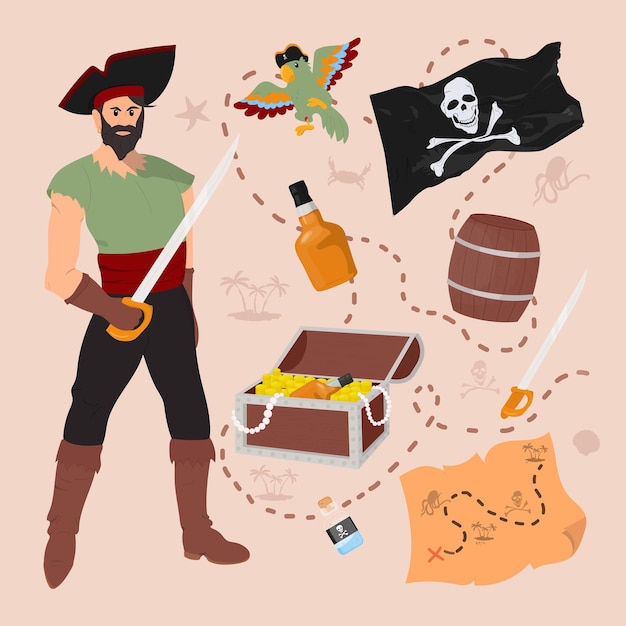 Set of pirate items, treasure chest, flag, parrot, map, barrel, sword, poison, rum.