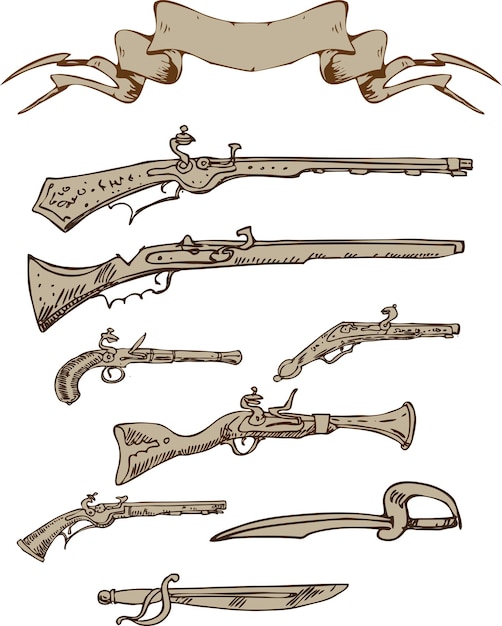 set of pirate weapons in the style of vintage graphics