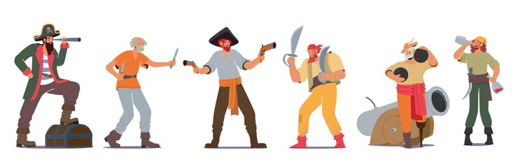 Vector set of pirates corsairs characters with guns sabers cannon balls and bottle of rum isolated on white background