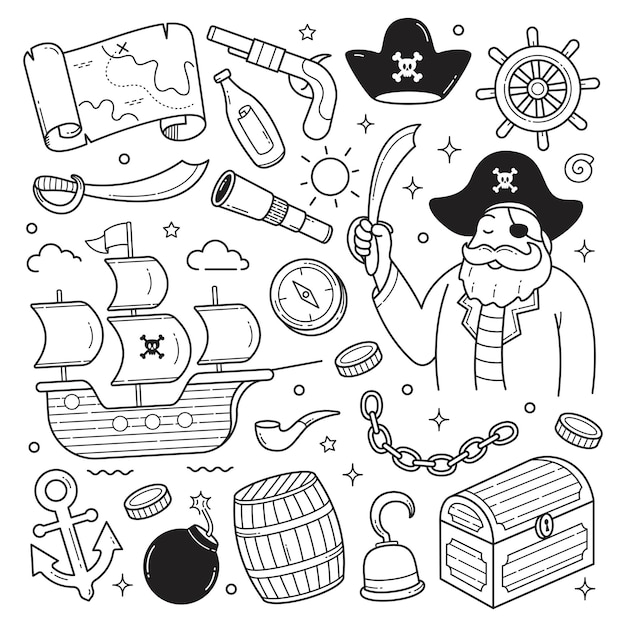 Set of Pirates Doodle hand drawn objects vector illustration