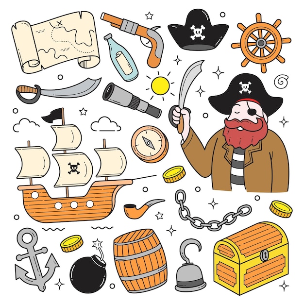 Set di pirati doodle oggetti disegnati a mano illustrazione vettoriale