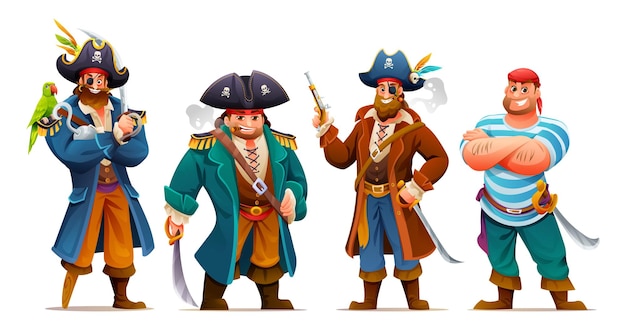 Set of pirates with weapons Cartoon characters illustration