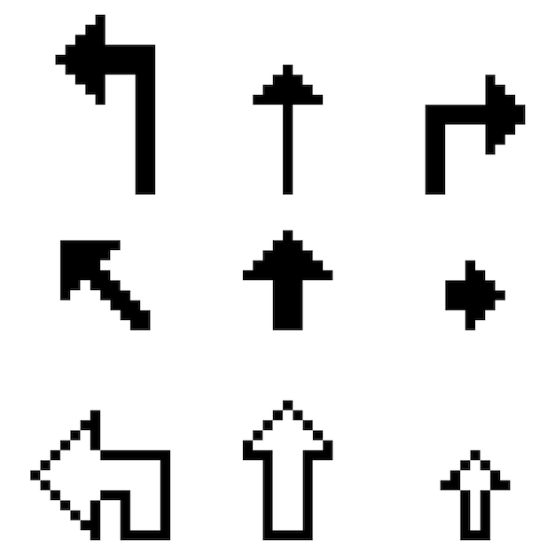 Vector set of pixel arrows. collection of black cursors. 8-bit pointers. vector illustration