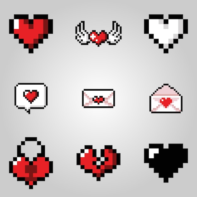 Set of pixel art heart icons