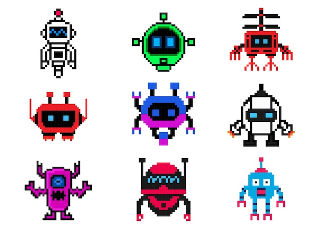 set pixel art robot design for game assets