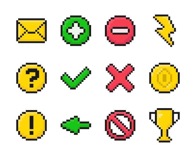 set of pixel art vector objects icons for game or mobile apps 8bit 80s 90s games vintage