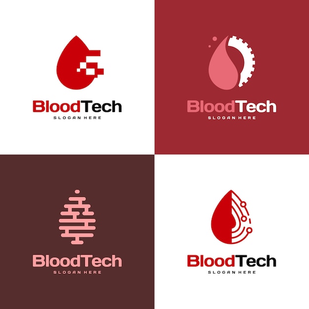 Set di simboli del logo pixel blood, modello di design del logo blood healthcare, concetto di design del logo blood technology